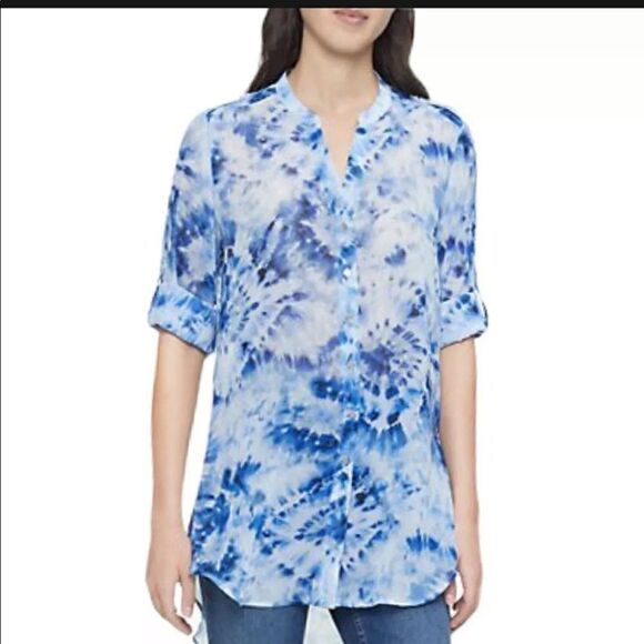 Calvin Klein Top Womens L Blue Tie Dye Blouse Printed Roll-Sleeve Boho Beach - Picture 6 of 12